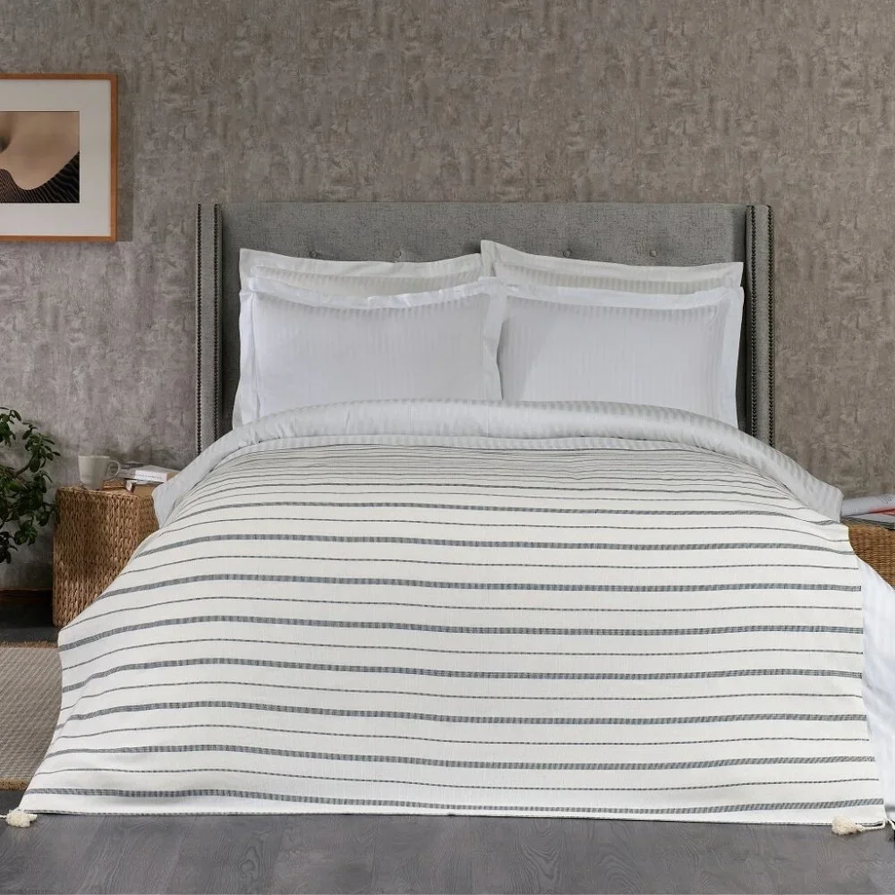 Large off-white & Black striped Turkish Cotton tasseled throw by Cotton & Olive